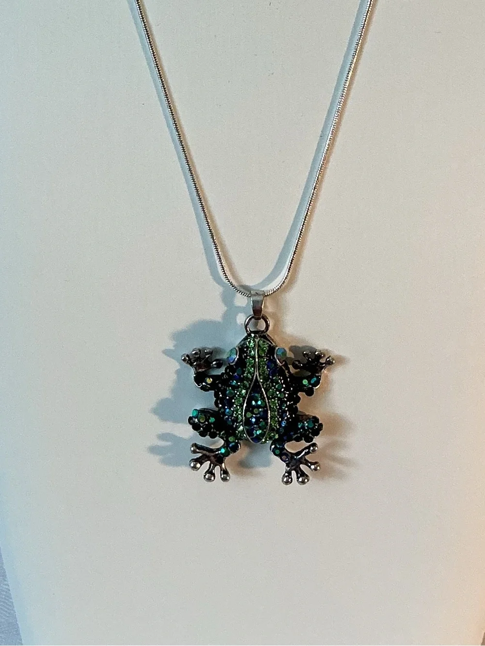 Peacock Color Pave’ Rhinestone Frog Antique Silver Tone Pendant Necklace